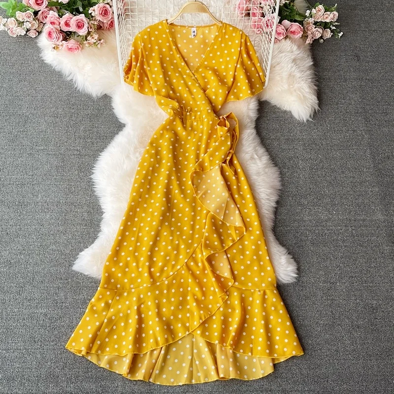 

Summer New Elegant VNeck Ruffled Flower Chiffon Dress Short Sleeve Lace Up Waist Slim Skirt