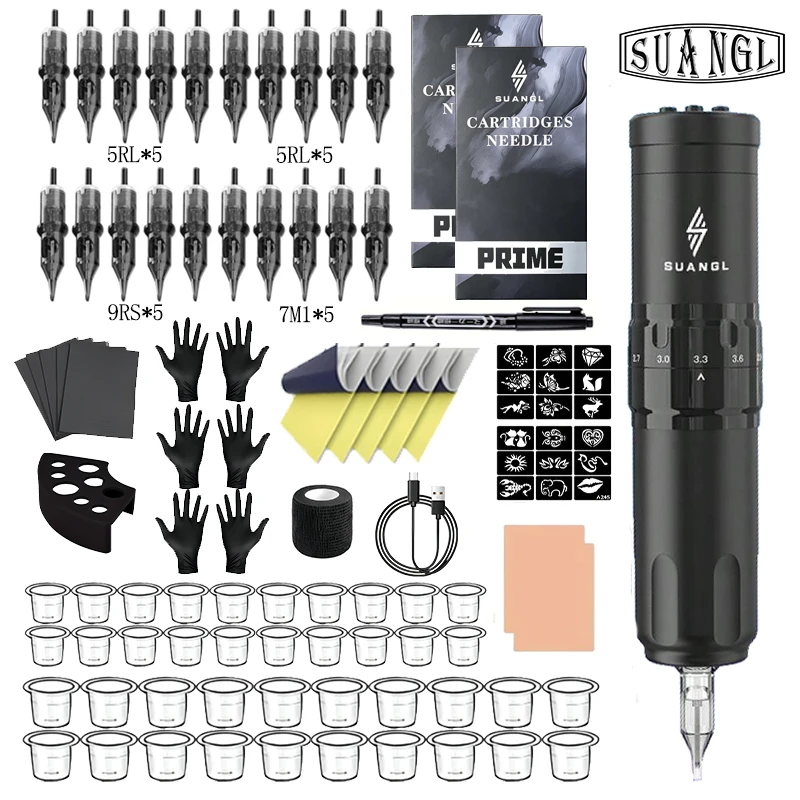 Kit Tatuaggio SUANGL con Penna Wireless, Batteria da 1600mAh, Include Inchiostro e Aghi per Professionisti e Principianti