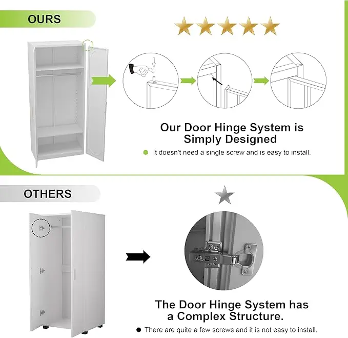 Armoire Wardrobe Closet with Doors 71'' Wardrobe Cabinet with Hanging Rod Metal Closet with 2 Adjustable Shelves for Bedroom