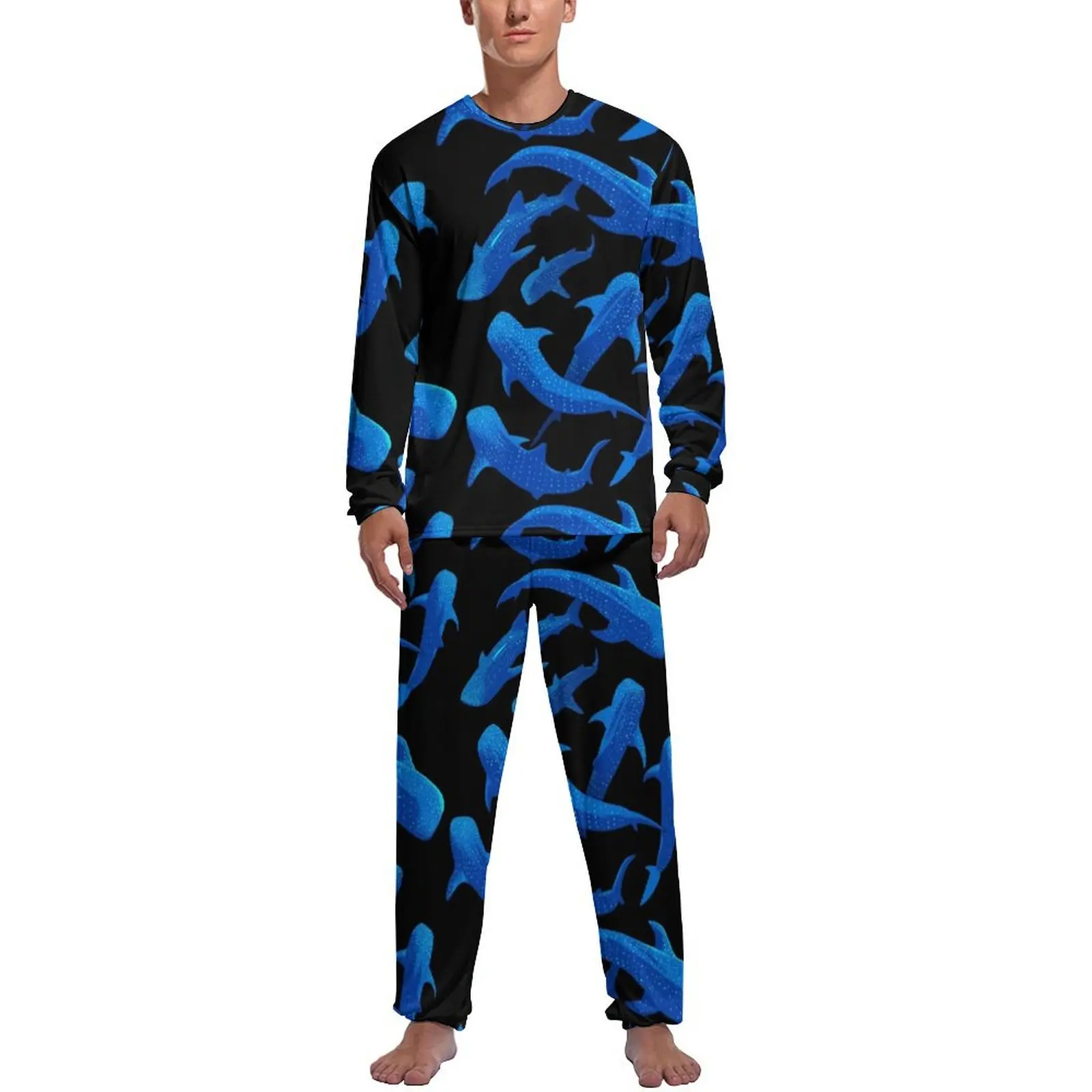 thumbnail image 1 of Pijamas de tiburón marino con estampado animal para hombre, conjuntos de pijamas encantadores de manga larga, dos piezas, ropa de dormir con patrón de otoño para el tiempo libre, regalo, 1 of 5