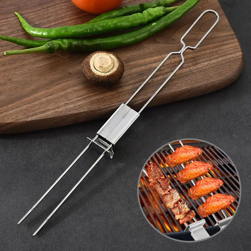 Stainless Steel Barbecue Fork,Semi-Automatic Double-Ended Skewers,Outdoor BBQ Tools,Grilling Forks,430 Stainless Steel,Sets