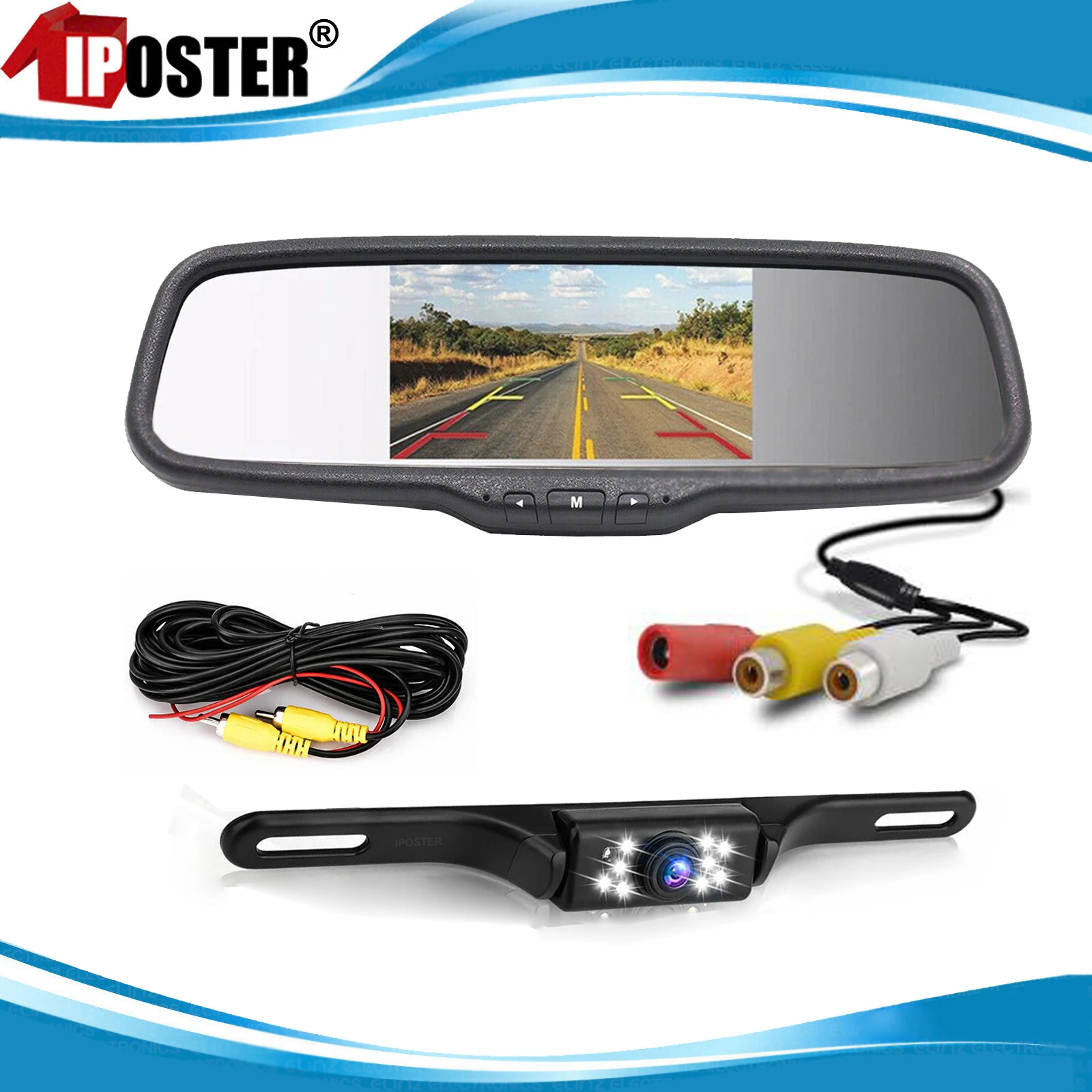 

iPoster 5" LCD Color Car Rear View Mirror Monitor with Clip 800*480 HD Screen 12-24v 2ch Av In+Reversing Camera 9LEDs Waterproof