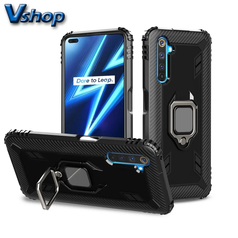 For OPPO Realme 6 Pro Carbon Fiber Protective Case with 360 Degree Rotating Ring Holder