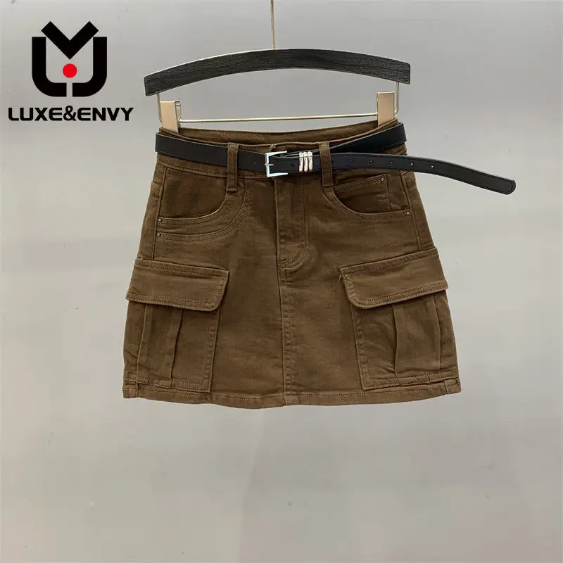 

LUXE&ENVY Coffee Colored Outfit Denim Short Skirt Women New High Waisted A-line Buttock 2023 Autumn