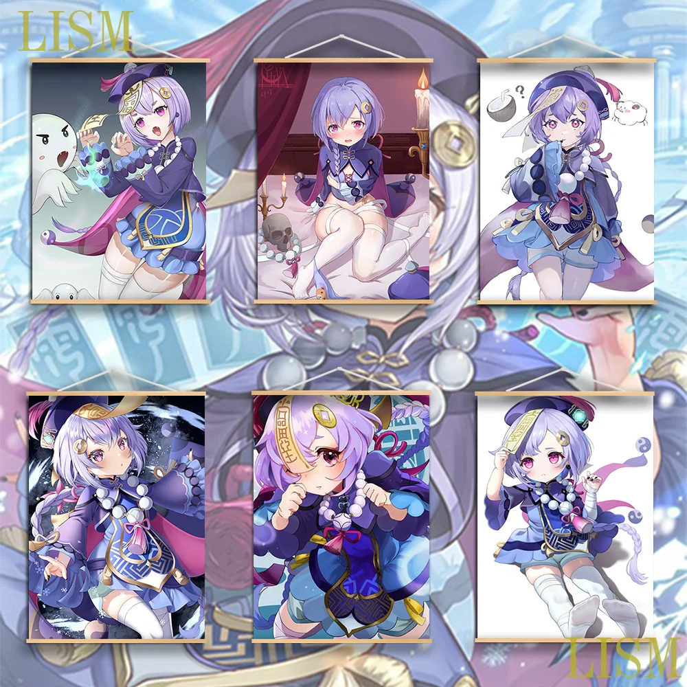 

Cute Anime Game Genshin Impact Qiqi Girl Cosplay Anime manga wall Poster solid wood hanging scroll with canvas painting