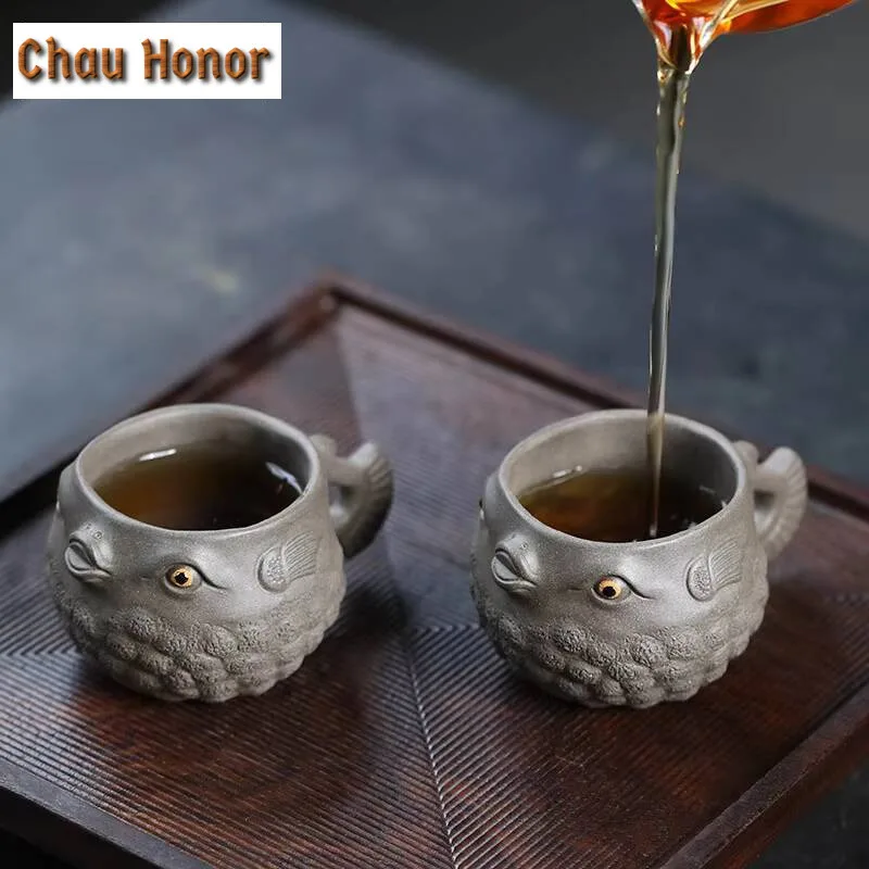 60ml Chinese Yixing Zisha Teacup Handamde Biomimetic Puffer Master Cup Raw Ore Green Grey Mud Purple Clay Tea Bowl Kung Fu Set