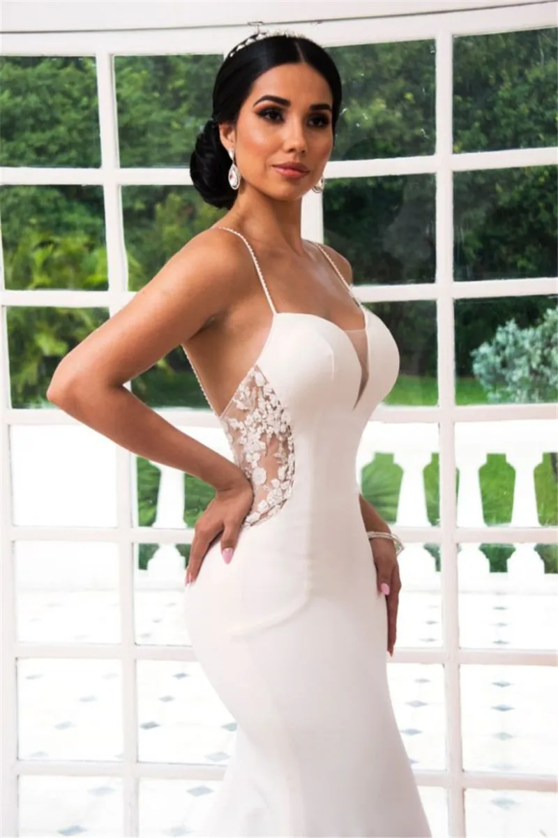 

Exquisite Backless V-Neck Bridal Gown Sexy Spaghetti Strap Illusion Mermaid Wedding Dresses Satin Custom Made Dresses