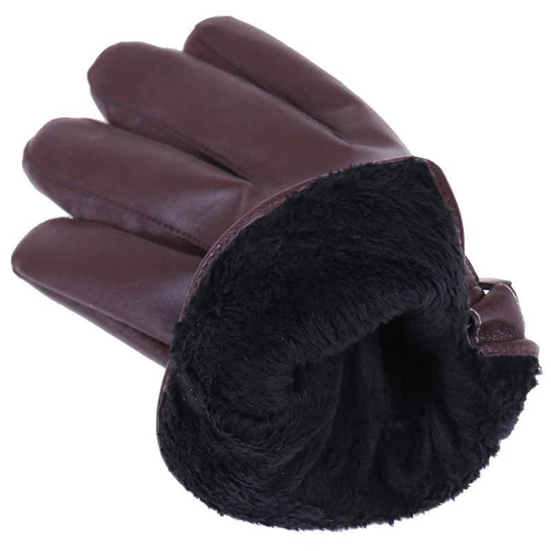 Men's Winter Leather Warm Gloves Men Fashion Waterproof Faux Driving Thin for Touch Screen Brown Guantes 2