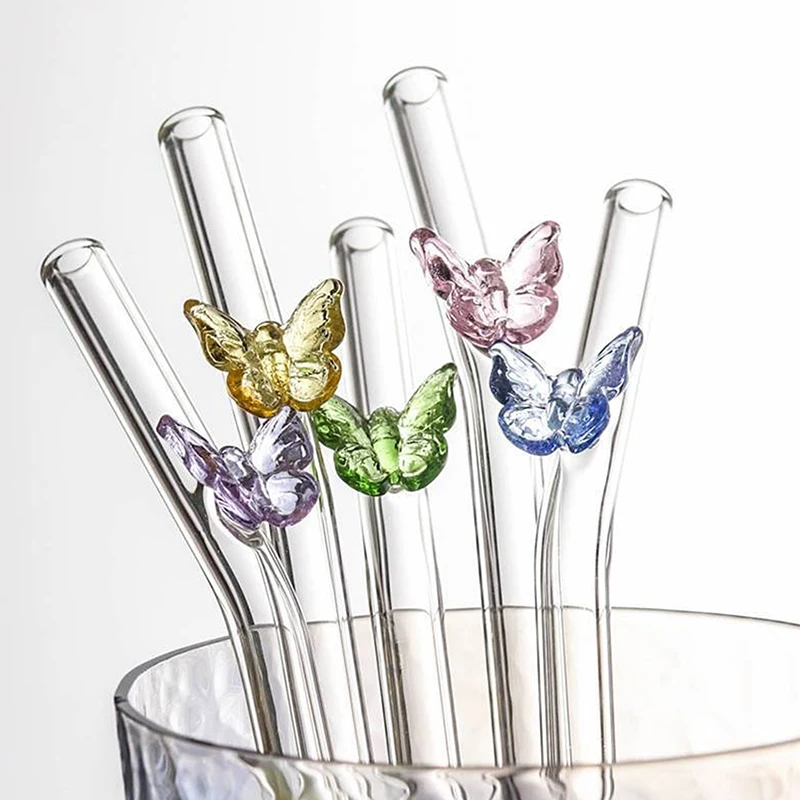 

Reusable Glass Straws With Butterfly For Smoothies Cocktails Bar Accessory Eco Friendly Drinking Straws With Clean Brush