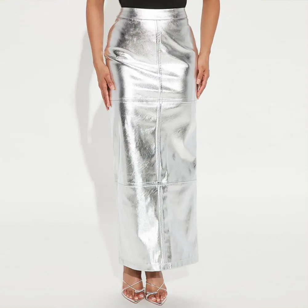 

Women Skirt Stylish Women's Faux Leather Maxi Skirt Sleek Split Hem Slim Fit Solid Color Patchwork for Clubwear Party Outfits