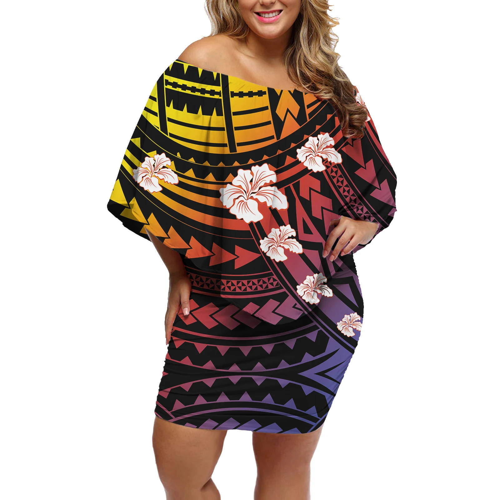 

Factory Outlet Polyester Material Women Lightweight Frill Open Shoulder Gowns Polynesian Tribal Tattoo Slim Cape Skirt Design