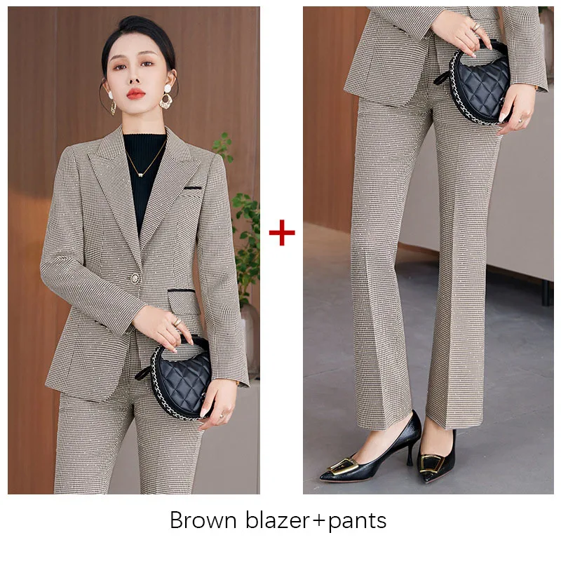 Tesco Autumn Women's Black White Plaid Blazer Suit For Lady Formal Suits For Women Wear Sequined Pants 2 Piece Set blazer mujer