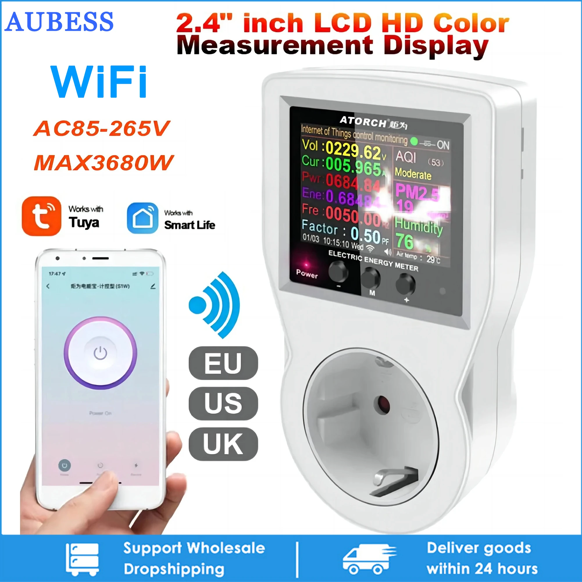 Aubess 디지털 전력계, WIFI, 블루투스, 220V 전력 계량기, 전력 소비 에너지 계량기 전력량 계수기, 1PC