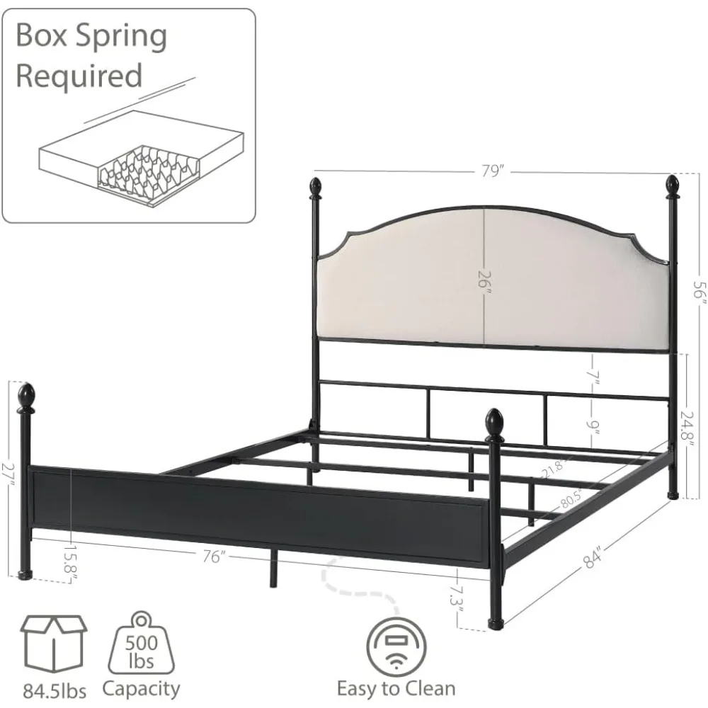 Modern Curved Metal Poster Bed King Size with Boucle Fabric Headboard and Panel Style Footboard, Gunmetal Black