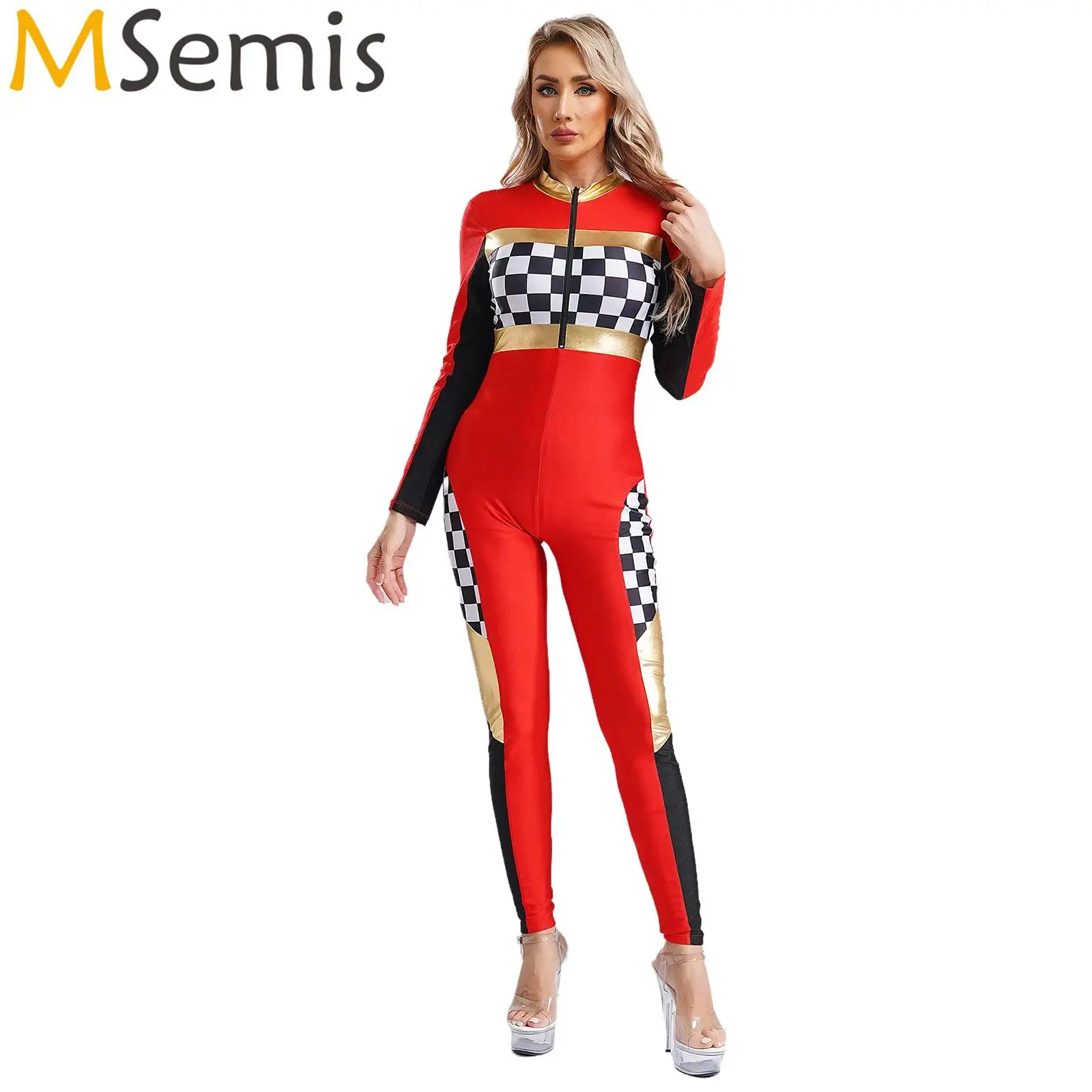 Womens Cheerleading Uniform Cheerleader Costume Checkerboard Racing Jumpsuit Long Pants Plaid Rompers Racer Driver Bodysuit