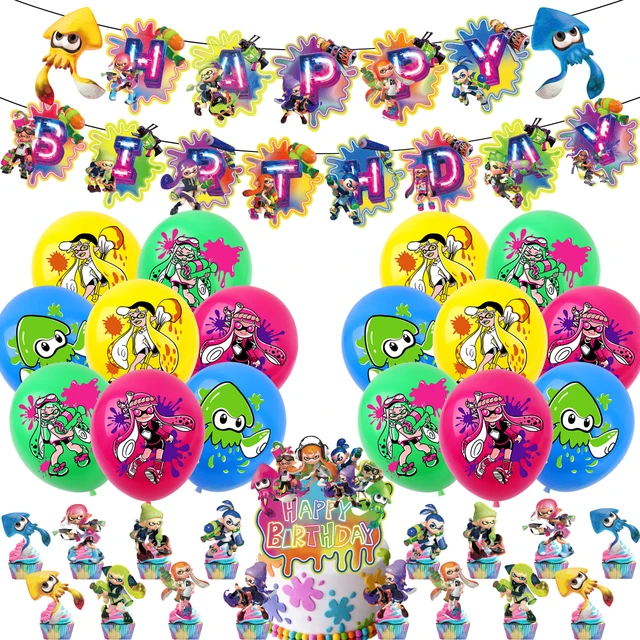 Jogo de tiro splatoons feliz aniversário festa decoração polvo látex balão  banner bolo topper festa supplise