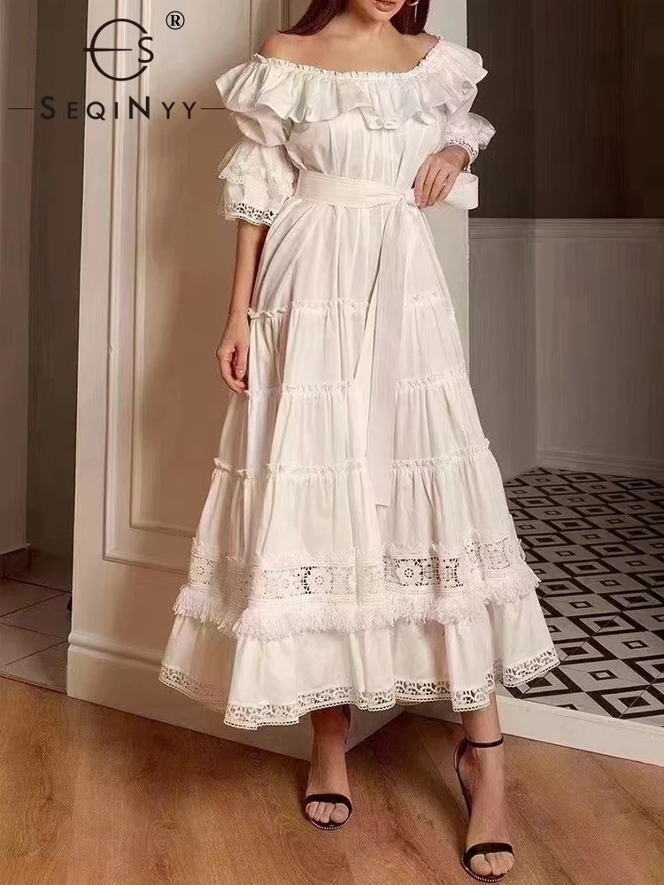 

SEQINYY Elegant Party Dress Summer Spring New Fashion Design Women Runway High Street Vintage Embroidery Flowers Lace Tassel