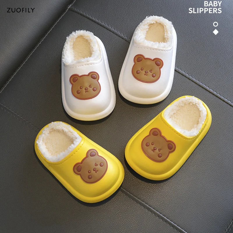 Winter Children Girls Boy Slippers Newborn Cute Bear Print Indoor Home Thick Fleece Warm Shoes Kids Casual Slipper First Walkers 4