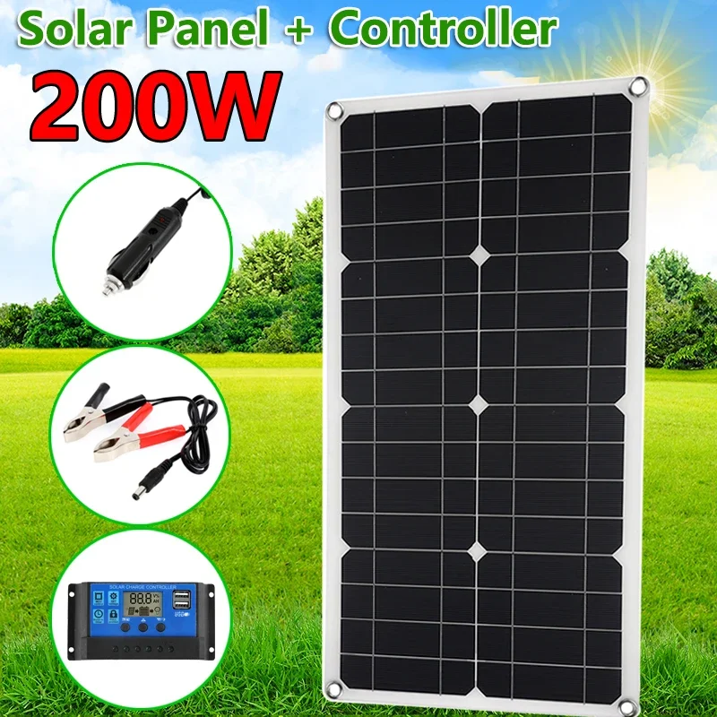 200W Pannello Solare 60A Controller Doppia Porta Usb Caricatore Portatile Per Batteria 12V Telefono Cellulare Auto Yacht Rv Luci Di Ricarica All'Apert