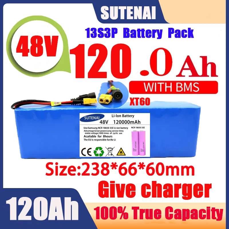 

Powerful 48V 120000mAh 1000w 13S3P XT60 120Ah Li-ion Battery for 54.6V Scooter Electric Bike with BMS Charger