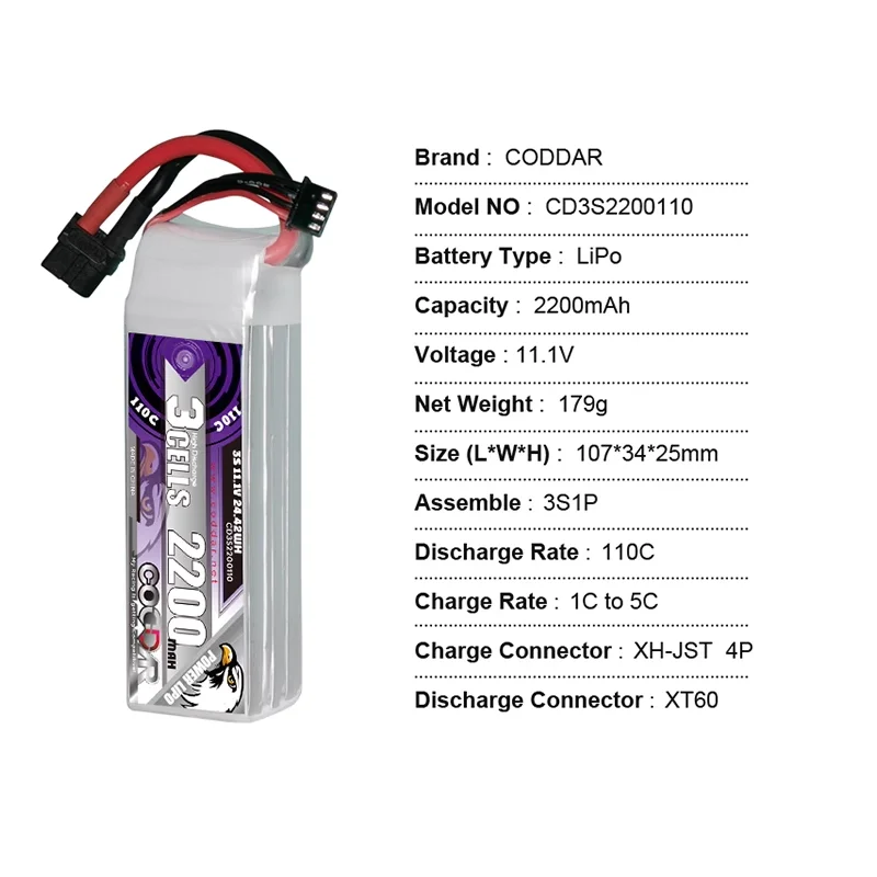 

CODDAR 2200MAH 3S 11.1V 130C aircraft model four axis fixed wing unmanned aerial vehicle model ship model LiPo battery