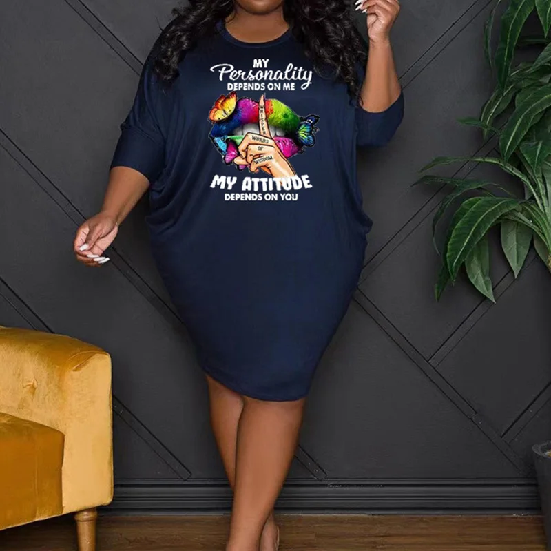 Casual Plus Size Clothes Round Neck Pattern Letter Print Three Quarter Sleeve Fashion Summer Autumn Loose Midi Dress for Women