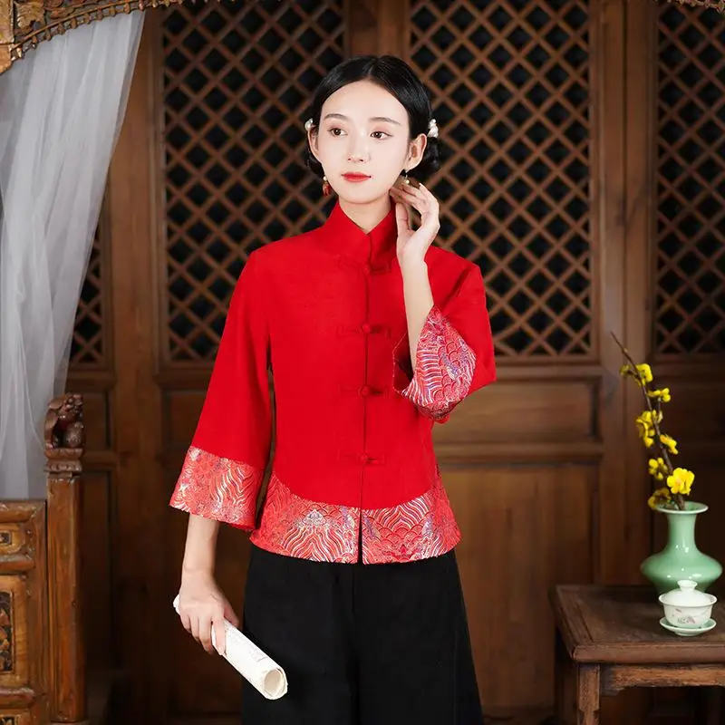 Chinese Style Tang Clothes Women Red Tradition Hanfu Top Embroider Button Down Jacket Loose Cheongsam Coat Lady Outwear