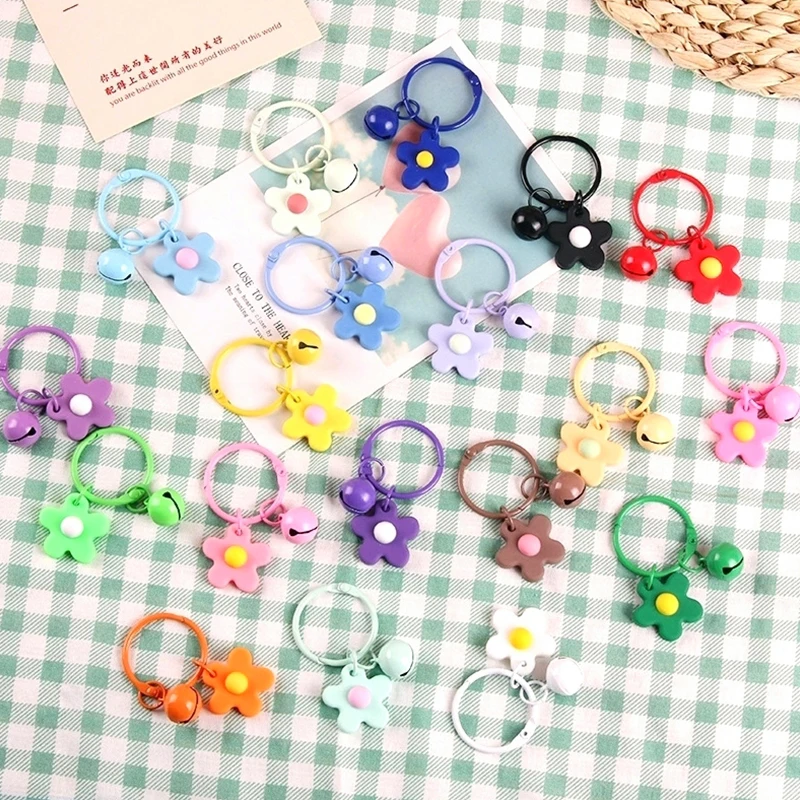 Cute Color Flowers Key Chain Bell Pendant Key Ring Mobile Pendant Car Backpack Charms Decoration Bag Accessories cute chick plush key chain cartoon animal rabbit doll pendant love key ring backpack car charms decoration bag accessories