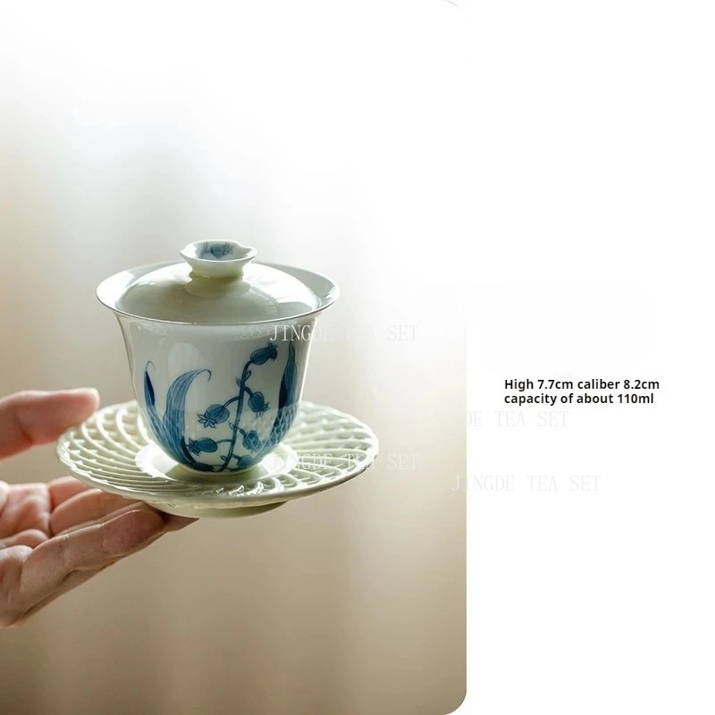 Jingdezhen Ceramic Bowl Cover Round Tea Bowl Chinese Bell Orchid Tea Maker Underglaze Colour White Gaiwan