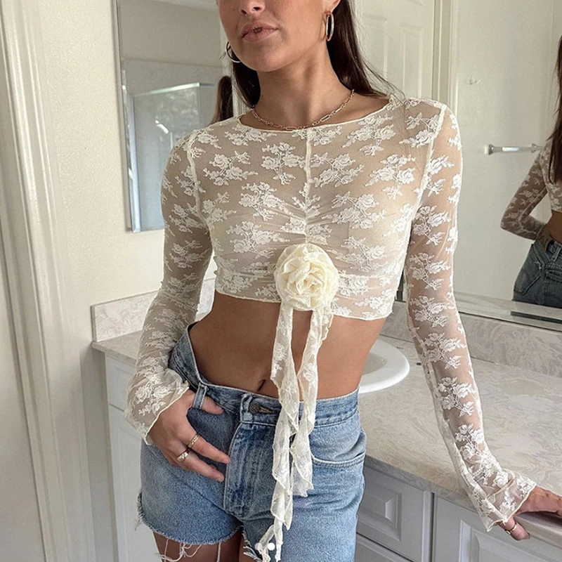 

TARUXY Sexy Mesh Printing Round Neck Crop Top For Women 3D Flower Decoration Long Sleeves Slightly See Through New Versatile Top