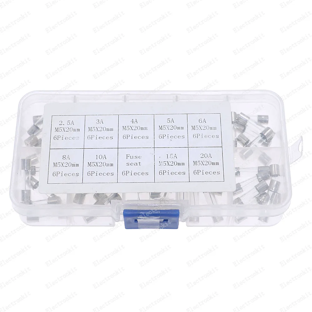 54Pcs 5X20Mm Fuse Gevarieerd Kit Doos Fast-Blow Glas Zekeringen 2.5A 3A 4A 5A 6A 8A 10A 15A 20AMP Quick Blow Auto Glazen Buis Zekeringen Set