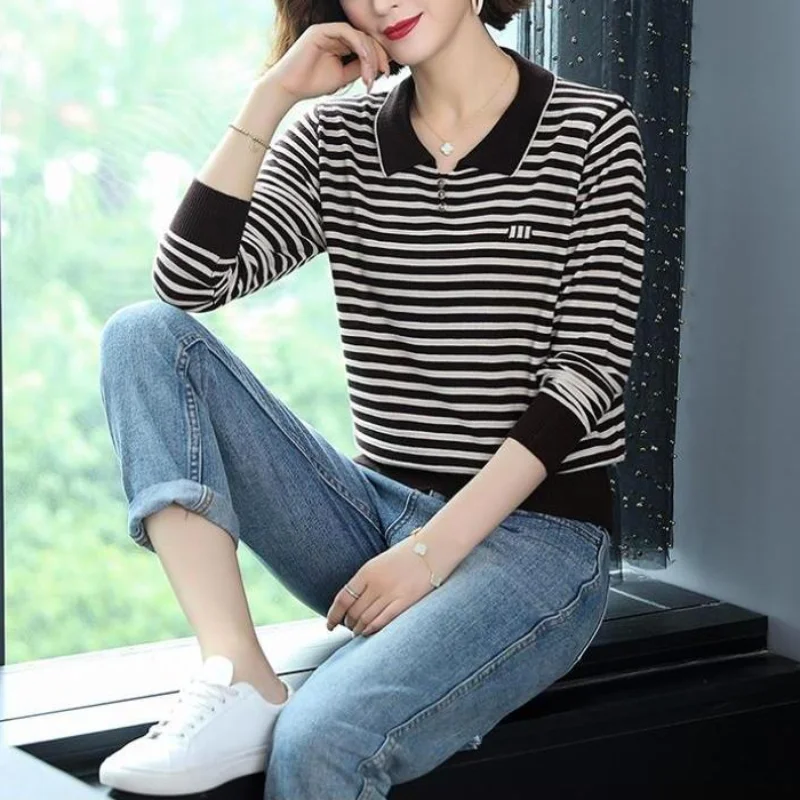 Fashion Versatile Casual Commuter Women's Clothing Autumn and Winter Stripe Printed Doll Neck Long Sleeve Temperament Pullover