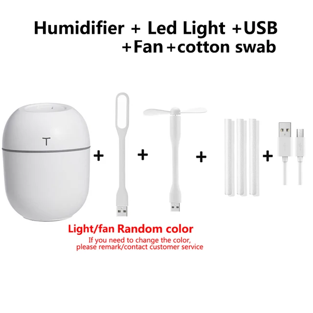 200ML Mini Ultrasonic Air Humidifier Romantic Light USB Essential Oil Diffuser Car Purifier Aroma Anion Mist Maker With LED Lamp white-fan-light
