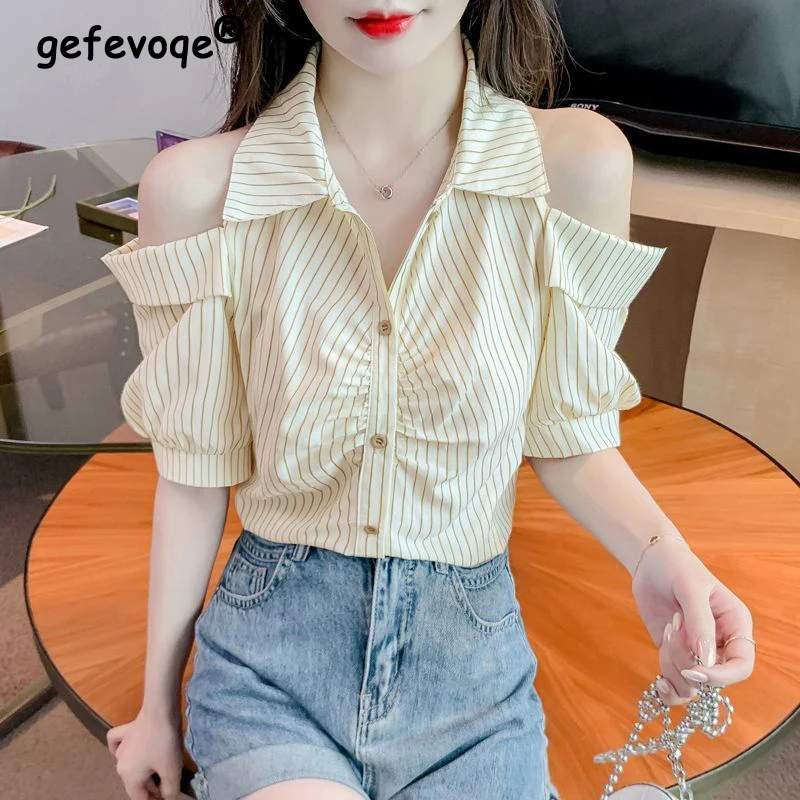 

Womens Clothing Trendy Ruched Striped Print Sexy Off Shoulder Shirts Summer Korean Sweet Chic Short Sleeve Slim Blouses Y2K Tops