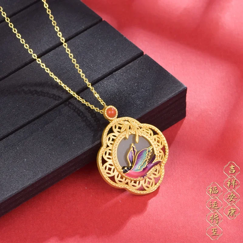 Chinese Style 925 Silver Gold-plated Hollow Out Natural Hotan Jade Colorful Swallow Pendant for Women Party Gift Without Chain