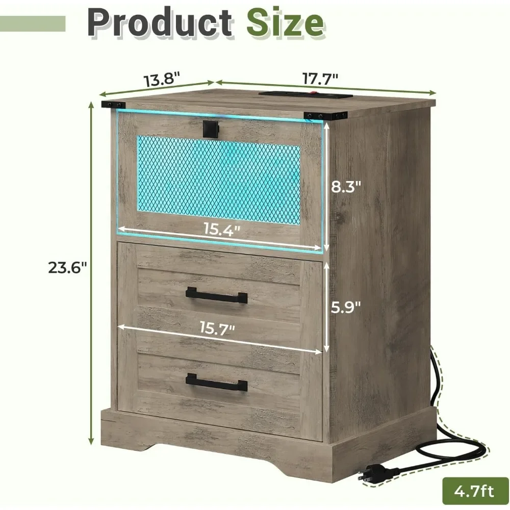 Farmhouse Night Stand Set of 2 with LED Lights and Charging Station, Rustic Oak Nightstand with Drawers 2