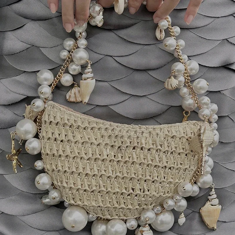 Bohemian Pearls Straw Bag Conch Starfish Women Handbags Half Moon Beach Shoulder Bag Designer Rattan Crossbody Bags Ladies Tote