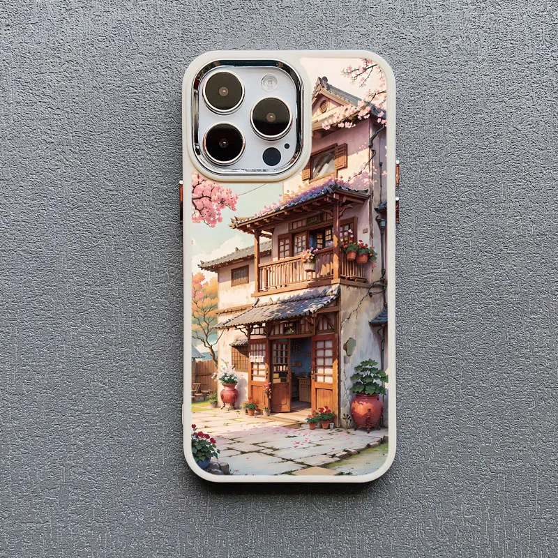 Vintage Ölgemälde Haus Handyhülle für iPhone 16 15 14 Pro Max 11 13 12 Pro MAX 7 8 Plus XR X Flower Courtyard Silikonhülle – Detail 1