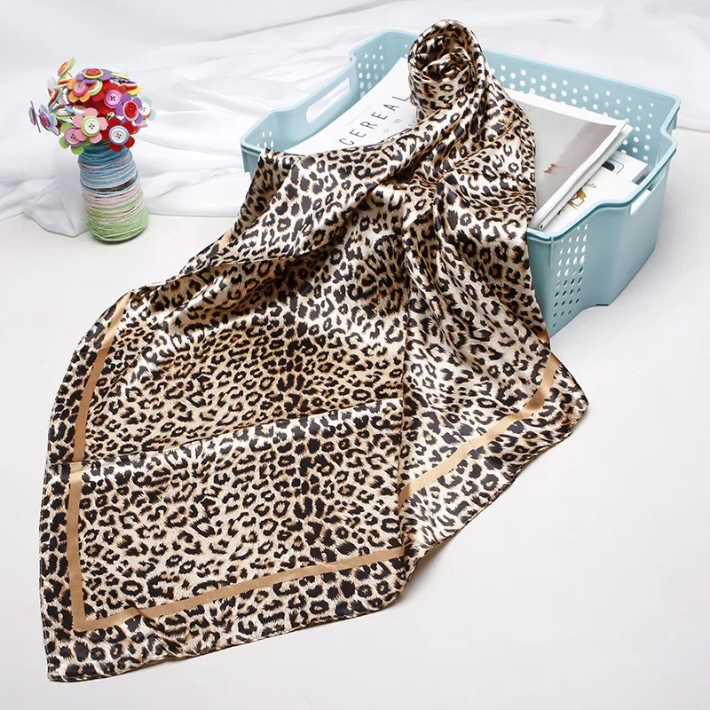 Fashion Leopard Print Scarves For Women Silkl Satin Hijab Scarf Female 90cm*90cm Luxury Square Shawl Head Scarfs Ladies large square scarf 90cmx90cm new twill print ladies square scarf shawl turban scarf