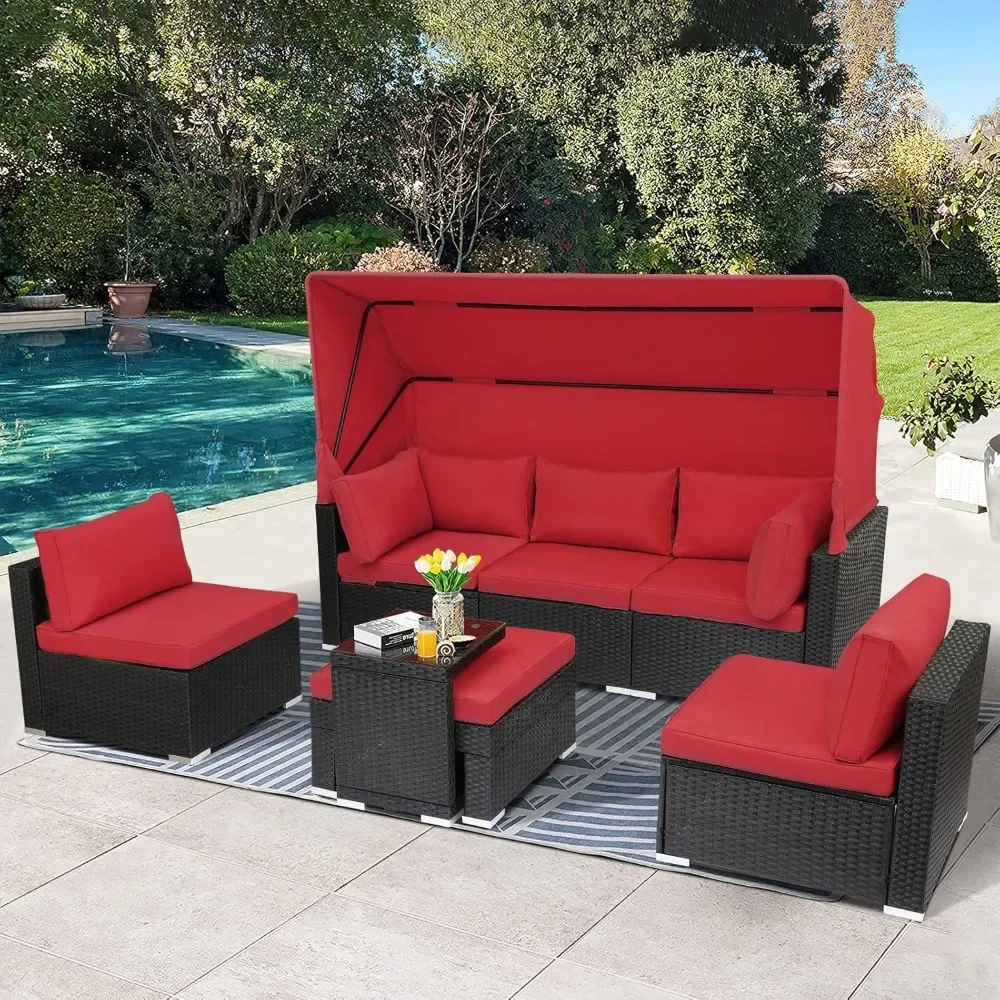 Patio Furniture Sets Daybed with Retractable Canopy,7 Pieces Outdoor Rattan Sectional Sofa Set, Wicker Patio Seating Chairs 3