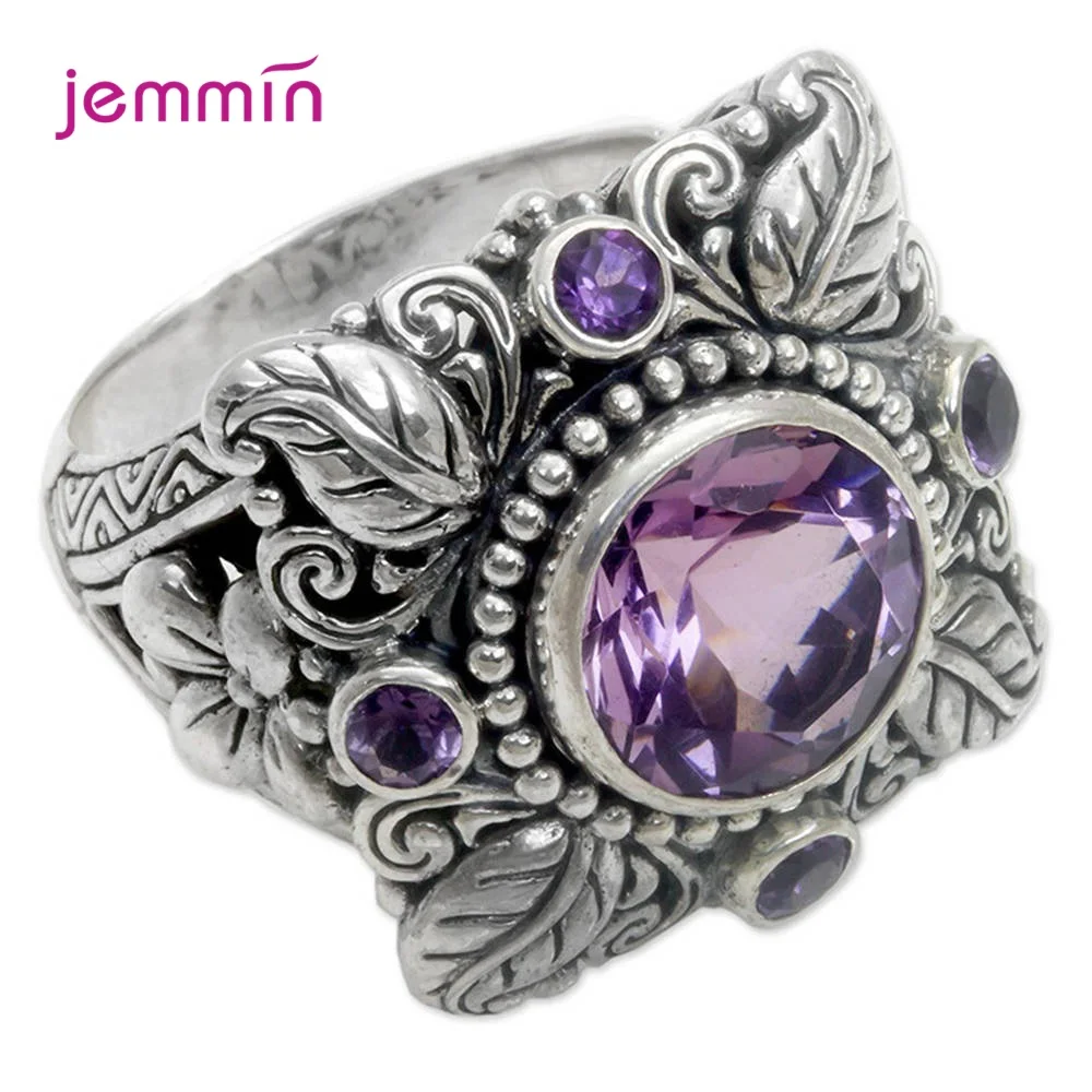 925 Sterling Silver Round Natural Amethyst Wedding Engagement Rings For Women Fine Jewelry Punk Style Vintage Flower
