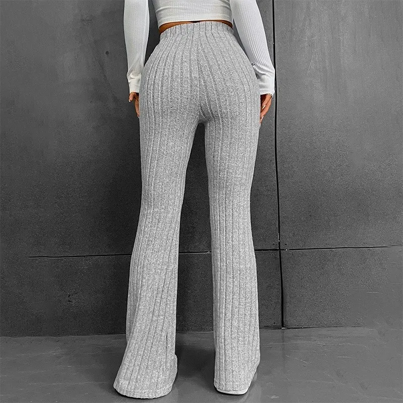 Ribbed Flare Pants Women Elastic Mid Waist Slim Stretch Trousers Solid Streetwear Autumn Winter Wide Leg Bottom Streetwear