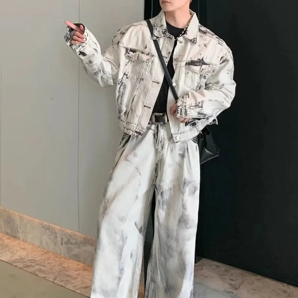 Mens Denim Sets Y2k Tie-Dye Jacket Trousers Spring Streetwear Fashion Trends Youth Campus Performance Sets Men'S Clothing 2025 3