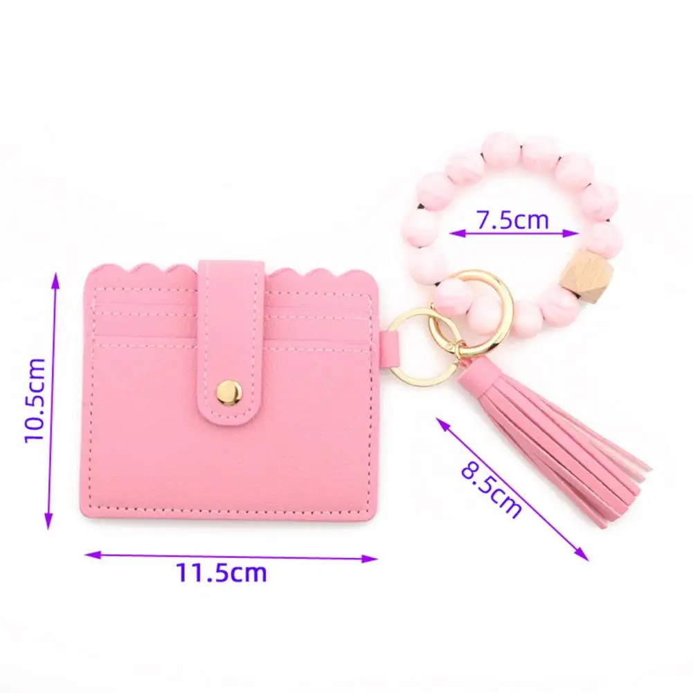 Leather Case Wristlet Keychain For Women Silicone Beaded Bracelet Wallet Wrist With Tassel Bangle Card Holder Women Purse images - 6