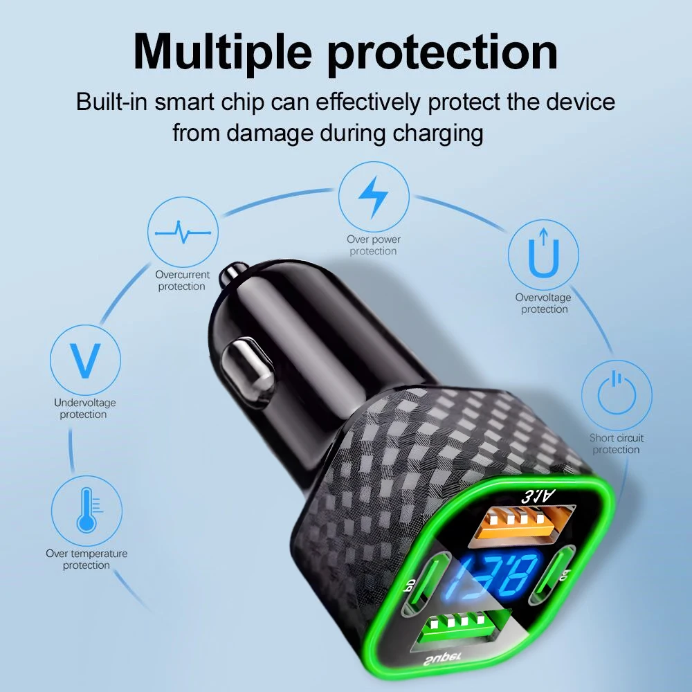 380W USB Car Phone Charger Dual PD 4 In 1 With Voltage Display Super Fast Charge Adapter For IPhone Xiaomi Samsung_voghion.com