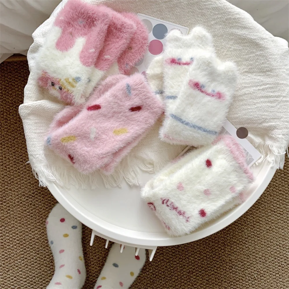 

1Pair Cartoon Mink Plush Socks Soft Stripes Middle Tube Warm Socks Antiskid Women's Socks Women