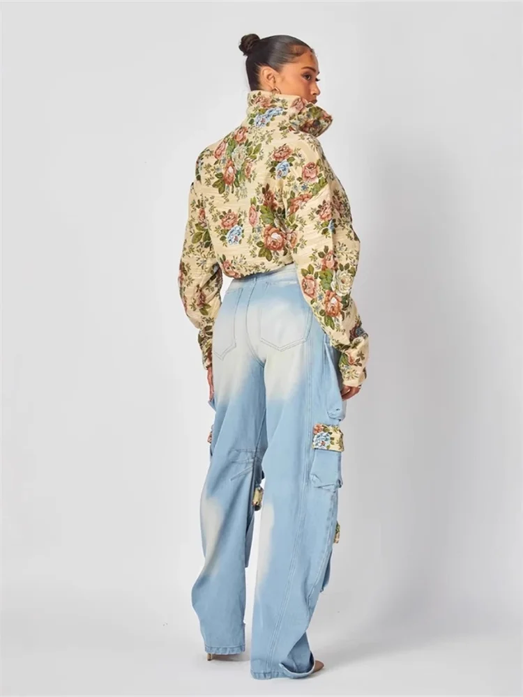 Wmstar Two Piece Set Women Denim Casual Coat Top Cargo Pants Sets Jeans Wide Leg Matching Suit Streetwear Wholesale Dropshipping