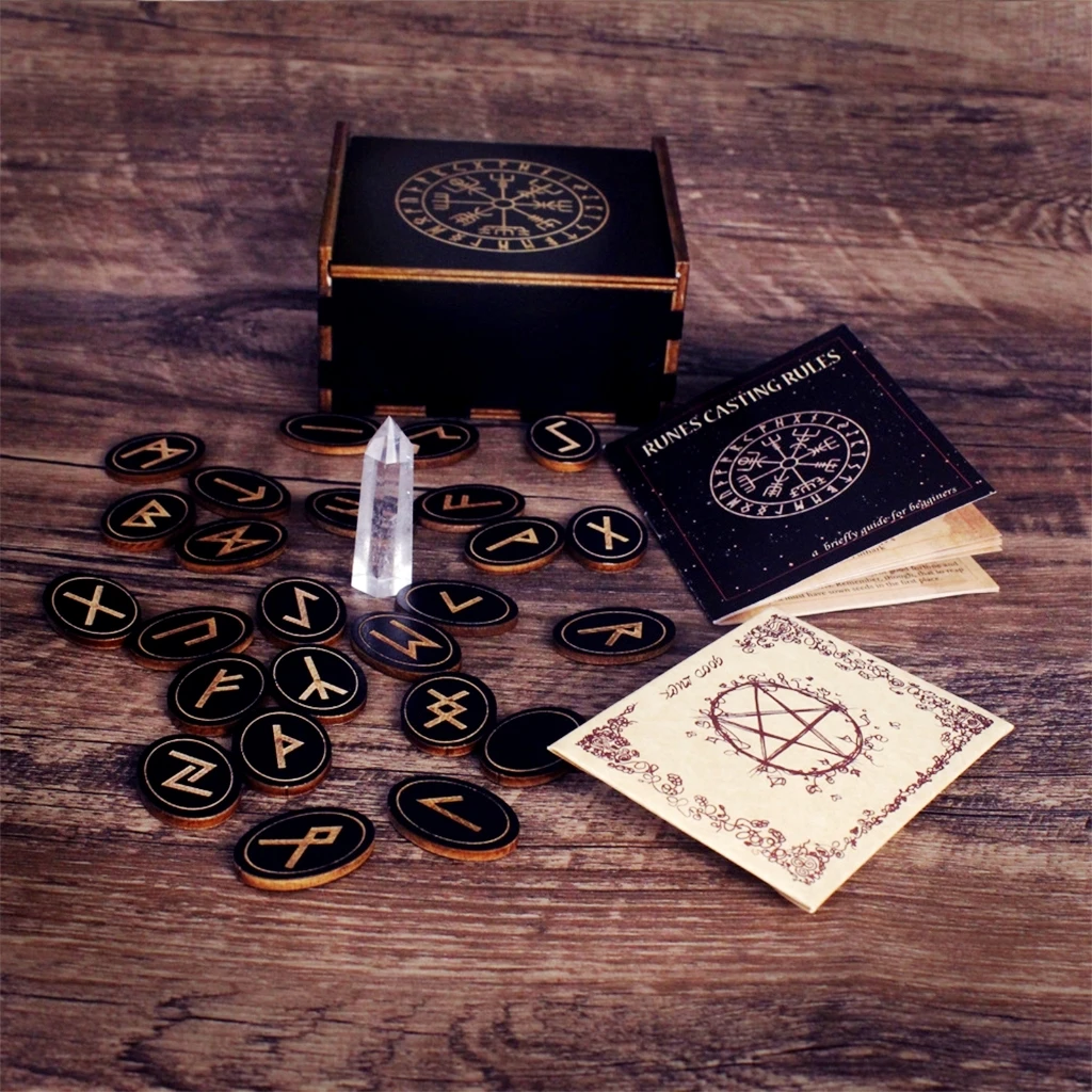 

Tarot Cards Nordic Handmade Wooden Rune Set Meditation Divination Engraved Rune Stones Card Set with Storage Bag