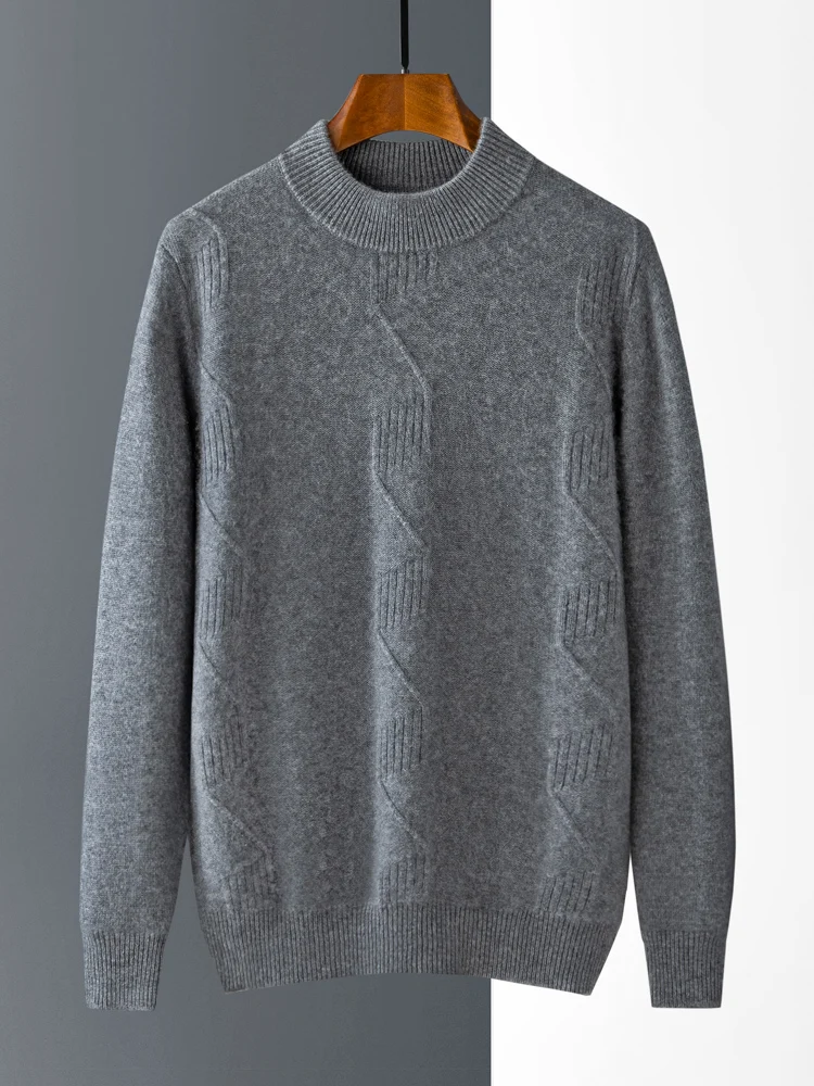 100%Pure Cashmere Long Sleeve Sweater Men's Loose Half Turtleneck Jacquard Pullovers Autumn Winter Youth Top High-End Knit Shirt