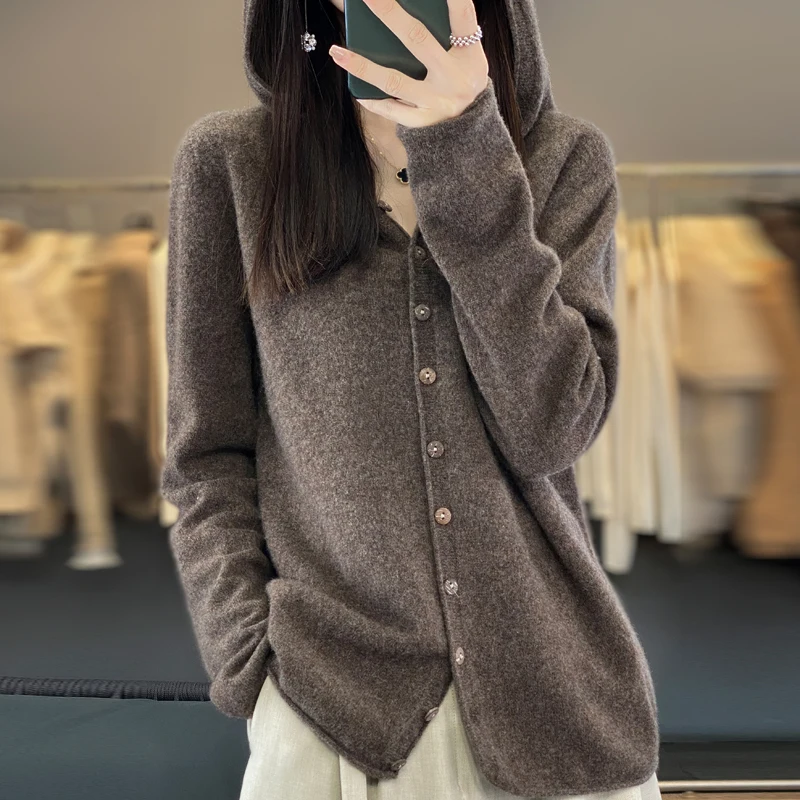 Autumn and Winter New 100% Merino Wool Sweater Women Cashmere Cardigan Knitwear Loose Hoodie Clothing Comfort Tops 6